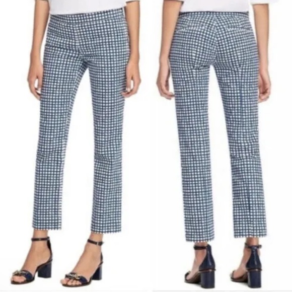 Tory Burch Crop Ankle Pants Blue Haven Canvas White Check Grid Side Zip Size 26 - Picture 1 of 9